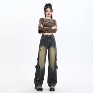 Versatile straight leg distressed washed and patchwork design denim workwear pants 2024 new loose and slimming jeans