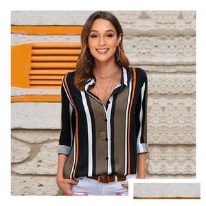 Frauenblusen Hemden Damen Chiffon Shirt Ladies Top Striped Casual for Muster V-Ausschnitt Langarmed Drop Lieferung Bekleidung Clothin DHP8Q