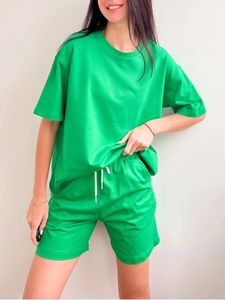 Candy Color Womens Summer Tracksuit Green Cotton Two-Piece Set Oversize T-shirt och Shorts for Women Soft Loose Suit Outfits 240328