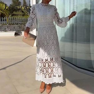 Vestidos casuais senhoras sexy crochet cintura hollow vestido longo escritório de manga de manga moda moda com renda alta maxi maxi