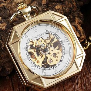 Pocket Watches Luxury Gold Mechanical Pocket Vintage Skeleton Golden Male Clock Hand Wind Square Necklace Chain For Men Women Gift L240402