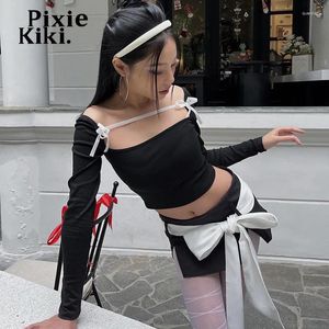 Women's T Shirts PixieKiki Black Top Y2k Cute Sexy Bow Tie Square Neck Backless Long Sleeve Tshirts Korean Fashion Crop Tops Spring 2024