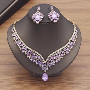 Lindos conjuntos de colar de vestido de noiva de cristal roxo para mulheres brincos de jóias de noiva dubai moda 240401