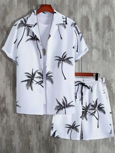 Мужские рубашки наборы 3D Принт пляжного кокосового дерева клетчатая клетчатая клетчатая клетчатая лацка с коротким рукавом. Случайные шорты летняя уличная одежда Гавайские костюмы 240325