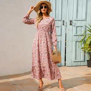 Sping Summer Bohemian Women Maxi Dress 캐주얼 긴 슬리브 하이 허리 해변 여성 시프 드레스 꽃 멍청이 Mujer 240403