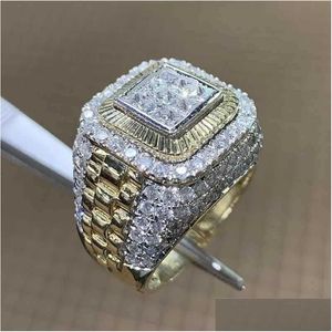 Bandringar dominerande guldfärg Hip Hop Ring för män Kvinnor Fashion Inlaid White Zircon Stones Punk Wedding Jewelry Drop Delivery Otveq