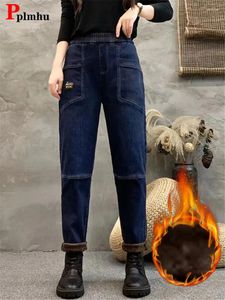 Kvinnors jeans avslappnade baggy vinter varm vaqueros kvinnor tjock sammet harem denim byxor snö slitage fleece blyertspantaloner hög midja