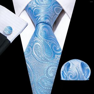 Yay bağları açık mavi paisley erkekler moda kravat cep kare kolu