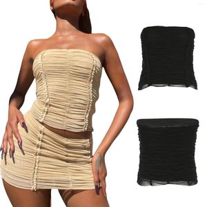 Рабочие платья Женщины Y2K Sexy Summer Outfit Ruched Без бретелек Tops Solid Color Shist Skirt Set Ladies Black Abricot