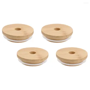 Storage Bottles 2/4/8pcs 70mm Mason Jar Bamboo Lids Drinking Cup Covers Reusable Bottle Sealing Caps Silicone Seal Ring With Straw Hole