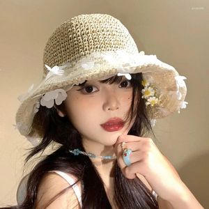 Wide Brim Hats Korean Lace Flower Sweet Straw Bucket Hat Women's Summer Seaside Beach Vacation Sunshade Hollow Foldable Sun Mujer