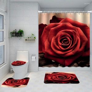 シャワーカーテンレッドローズカーテン防水ホームバスルームとラグセットアンチスキッドパッドゴシック様式の装飾花