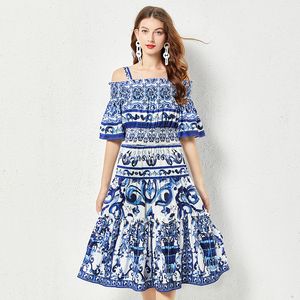 Short-sleeved suspender skirt 2024 autumn foreign trade women's retro blue and white porcelain printed off-shoulder fungus horn sleeve dress