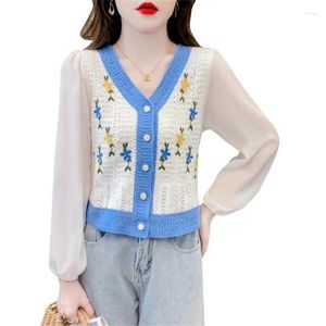 Women's Blouses Knitted Stitching Vintage V-Neck Long-Sleeved Shirt Spring And Autumn 2024 Design Gentle Style Korean Blouse