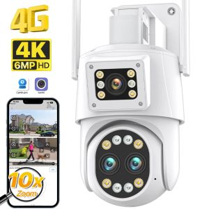 Câmera de cartão SIM de câmeras 4G 4K 6MP PTZ 10X ZOOM LENS DUAL LENS AO ANTERO