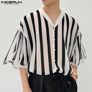 Top incerun 2024 maschile in stile coreano camicie a strisce chiffon bianche in chiffon casual Street Simple a maniche a V-Neck Medium Blouse S-5XL 240326