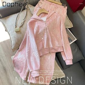 Women's Two Piece Pants Pink Suit For Women Hooded Sequined Zipper Zip Up Hoodies Female Sweatshirts 2024 Spring Fashion High Waist Wide Leg