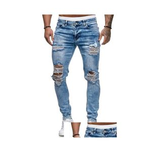 Herren Jeans Neue Herren gewaschen blau Knieloch Stretch Hip Hop Hosen Stift für männliche Drop -Lieferkleidung Kleidung DH9LU