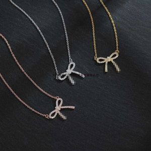 Designer Brand Tiffays 925 Sterling Silver Small Fresh Bow Knot Full Diamond Necklace Fashion Gold Collar Chain Star Same Regalo