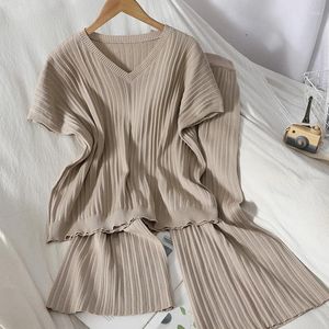 Kvinnors tvådelar Pants Summer Women Lazy Style Raglan Sleeve T-shirt Elastic Band Wide Leg Two-Piece Set Thin V-Neck Pullover Spring