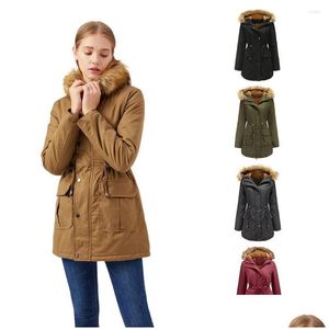 Kvinnor Down Parkas Womens Winter Cotton Coats Big Artificial päls varm grön justerbar midja utkläder kvinnor flanelljacka dropp deli dh8hr