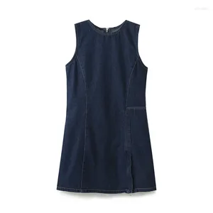 Casual Dresses YENKYE Women O Neck Sleeveless Sexy Slit Blue Denim Dress Mini Vestidos