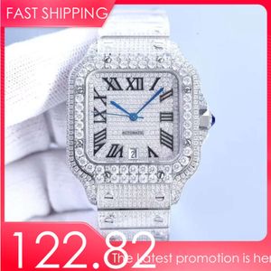 Armbanduhren Moissanite Out Watches Hip Hop Bust Down Unisex Diamond Uhr Edelstahl Stahl besetzt Armband Square Wimit Wasserdichte Montres