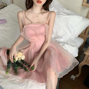 Sıradan Elbiseler 2024 Yaz Kadın Seksi Straplez Spagetti kayışı tatlı kolsuz organze örtü elbise kadın bir çizgi mini kısa vestidos