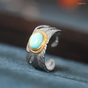 Cluster Rings Turquoise Women's Feather Color Separation S925 Silver Embedded Thai Open Ring Flat