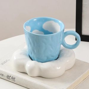 Mugs Ins Korean Blue Sky Cloud Irregular Porcelain Chubby Retro Luxury Elegant Tea Cup And Saucer Set Ceramic Handmade Coffee Mug