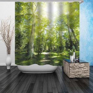 シャワーカーテングリーンフォレスト竹の絵画カーテンファブリックフックポリエステル洗える耐久性のあるバスルームモダンモダン