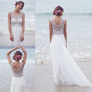 Klänningar Sparkly Bohemian Beach Wedding Dress Silk Chiffon Handpärled Crystal Bling Boho Vestido de Novia White Ivory Bridal klänningar