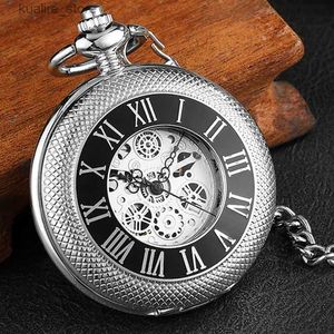 Pocket Watches Silver Graved Hand Wind Mechanical Pocket For Men Women Vintage steampunk fob esqueleto masculino numerais romanos presente L240402