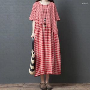 Partykleider Sommerkleid Baumwollwäsche Kurzarm für Frauen Lose Größe Großer kariertes geflicktes Midi Vestidos Shirt Strand Langer Robe Chic