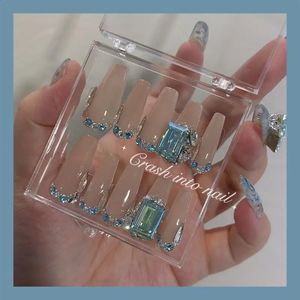 Square Blue Tshaped Fake Nails Transparent Long T Nail Type Look Rätt bärbar falsk handgjorda färdig produkt 240328