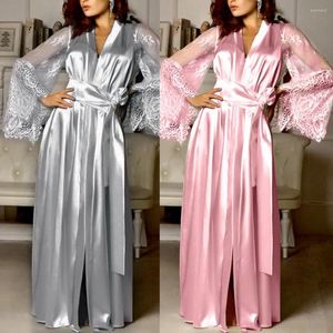 Home Clothing 2024 Women Sleepwear Lace Long Sleeve Nightgowns Silk Satin Bathrobe Bridal Wedding Robes Gown Night Dresses With Belt