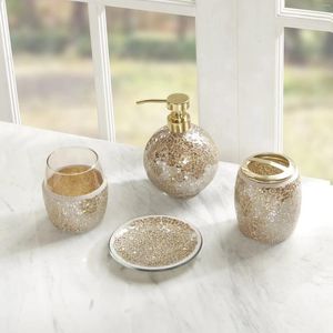 Liquid Soap Dispenser 4 Piece Mosaic Bath Accessories Set Glass With Toothbrush Holder Tumbler Ring Tray