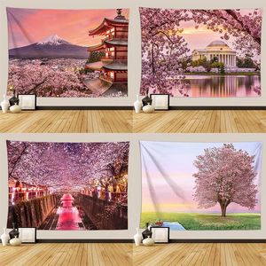 Tapissries Pink Floral Tapestry Cherry Blossom Bakgrund Tygvägg Hängande filt Handduk Träd Naturligt hem Dorm Decor Eesthetic Kawaii