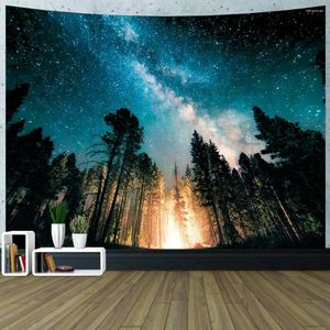 Tapisserier Forest Starry Tapestry Campfire Night Sky Galaxy Nature Landscape Tree Wall Hängduk för hem sovrum