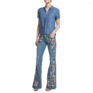 Kvinnors jeans plus storlek vintage blommor broderi smala blossade byxor mode hög midja mångsidiga casual denim byxor