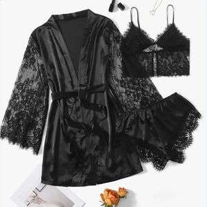 Sexy Nightgown Lingerie Black Lace Patchwork Nightdress Women Silk Kimono Lingerie Belt Bath Robe Nightwear Sleepwear 3 Pieces 240402