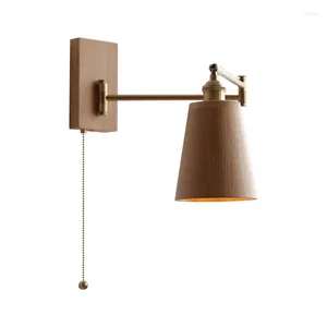 Wall Lamp Walnut Ash Wood LED Beside Pull Chain Switch Plug In Home Indoor Lighting Bathroom Mirror Stair Light