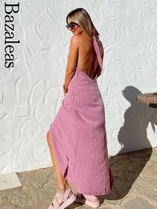 Casual Dresses Cute Pink Halter Back Tie Front Dress Slit Linen Party Official Bazaleas Store 2024