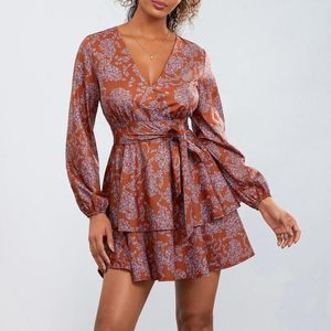 Casual Dresses Women Elegant Mini Dress Floral Print Tie Knut Ruffles V-Neck långärmad Chiffon Swing Skater