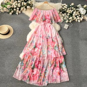 Mulheres vestidos casuais básicos de verão férias flor cascarding vestido de chiffon mulheres sexy fora de ombro de babados estampas florais boho túnica longa vestidos 2024