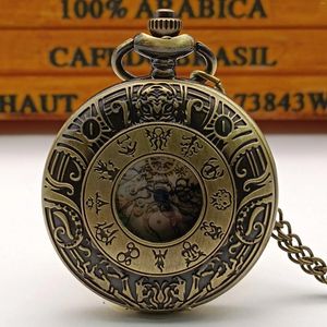Pocket Watches Vintage Bronze Zodiac Tema Pedra Dourada Romana Literal Inglês Vista Pingente Jóias Colete de Presentes Coleção de Presentes