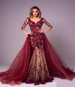 New Burgundy Evening Dresses Detachable Train Long Sleeve Flowers Dubai Kaftan Saudi Arabic Elegant Formal Dress Muslim Robe de so6167216