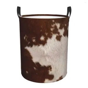 Laundry Bags Brown Cowhide Leather Basket Collapsible Animal Skin Fur Texture Clothing Hamper Toys Organizer Storage Bins