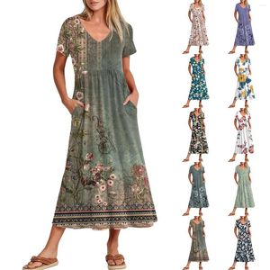 Casual Dresses Women's With Pockets Elegant Flowing Maxi Skirt V Neck Short Sleeve Summer Party Dress Vestidos Femenino