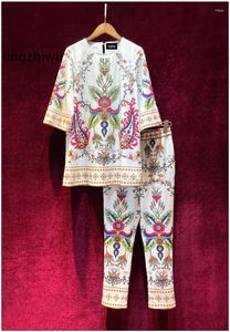 Women's Two Piece Pants Lingzhiwu Print Set Top Suit Quality Elegant Handmade Beading Streetwear Fasion Twinset Female Arrive